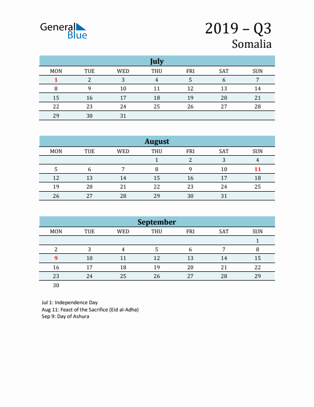 Three-Month Planner for Q3 2019 with Holidays - Somalia