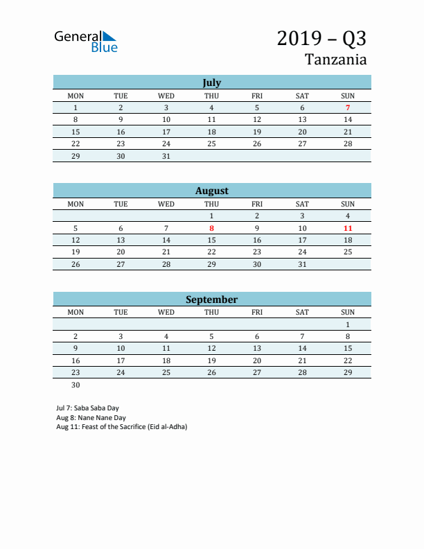 Three-Month Planner for Q3 2019 with Holidays - Tanzania