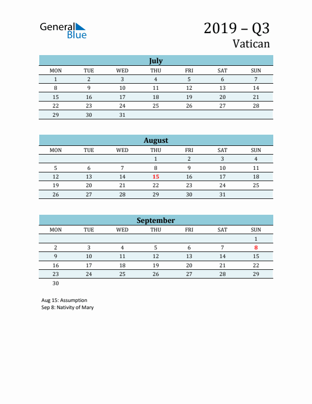 Three-Month Planner for Q3 2019 with Holidays - Vatican