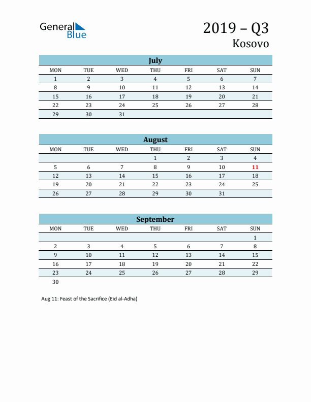 Three-Month Planner for Q3 2019 with Holidays - Kosovo