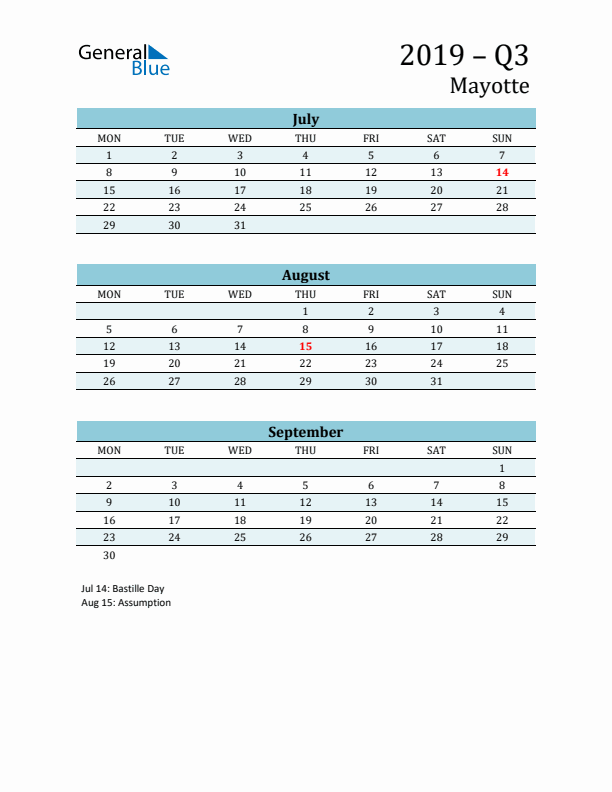 Three-Month Planner for Q3 2019 with Holidays - Mayotte