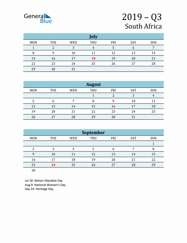 Three-Month Planner for Q3 2019 with Holidays - South Africa