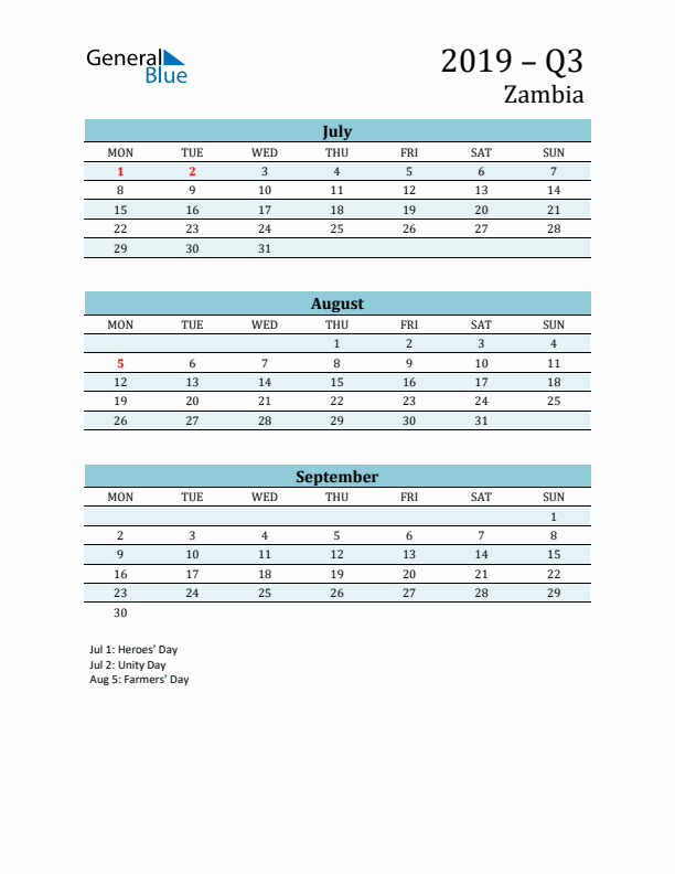 Three-Month Planner for Q3 2019 with Holidays - Zambia