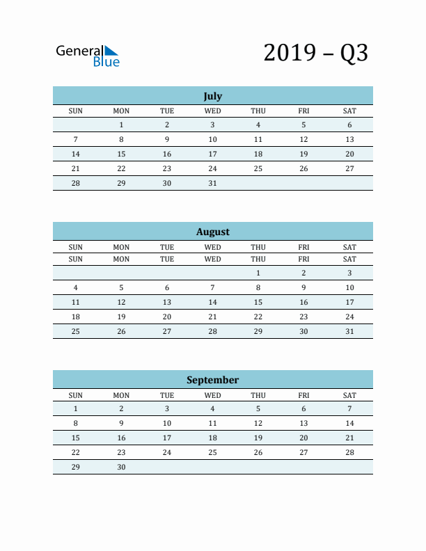 July, August, and September 2019 Calendar