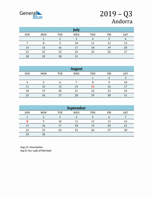 Three-Month Planner for Q3 2019 with Holidays - Andorra