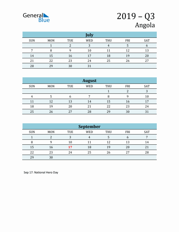 Three-Month Planner for Q3 2019 with Holidays - Angola