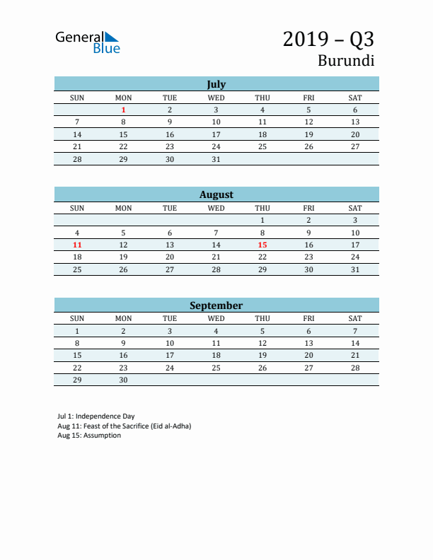 Three-Month Planner for Q3 2019 with Holidays - Burundi