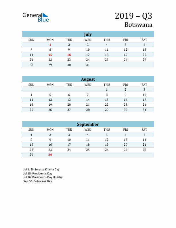 Three-Month Planner for Q3 2019 with Holidays - Botswana