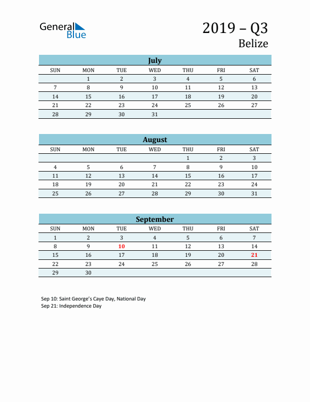 Three-Month Planner for Q3 2019 with Holidays - Belize