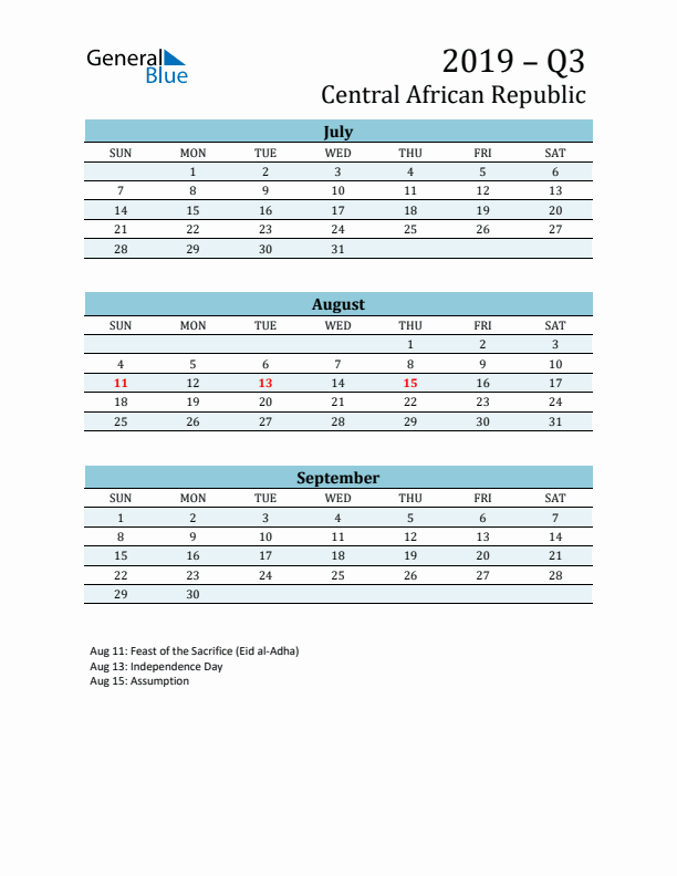 Three-Month Planner for Q3 2019 with Holidays - Central African Republic