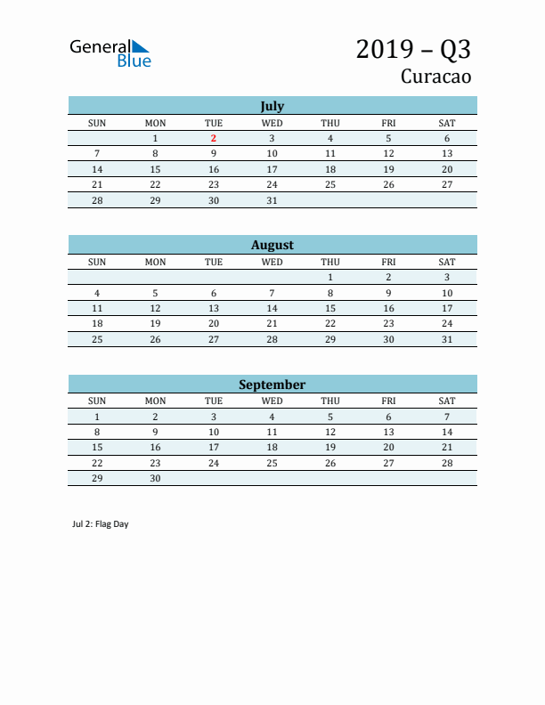 Three-Month Planner for Q3 2019 with Holidays - Curacao