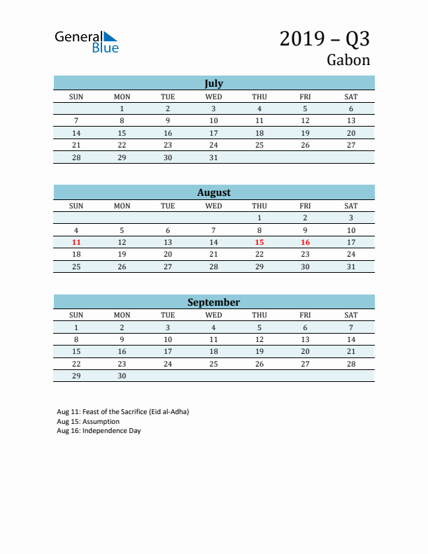 Three-Month Planner for Q3 2019 with Holidays - Gabon