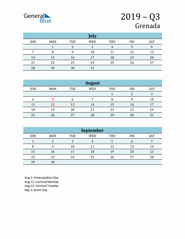 Three-Month Planner for Q3 2019 with Holidays - Grenada