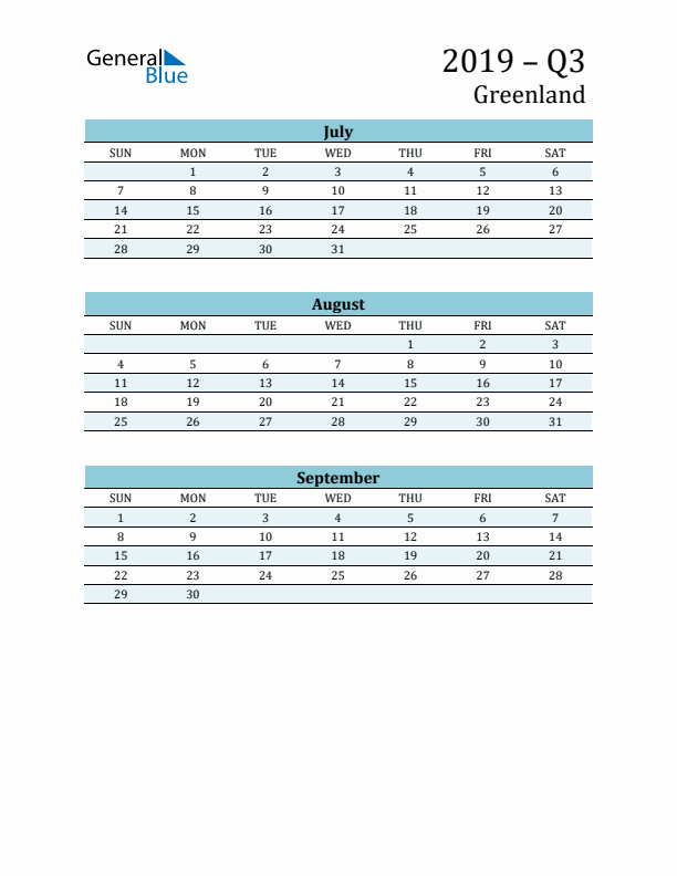 Three-Month Planner for Q3 2019 with Holidays - Greenland