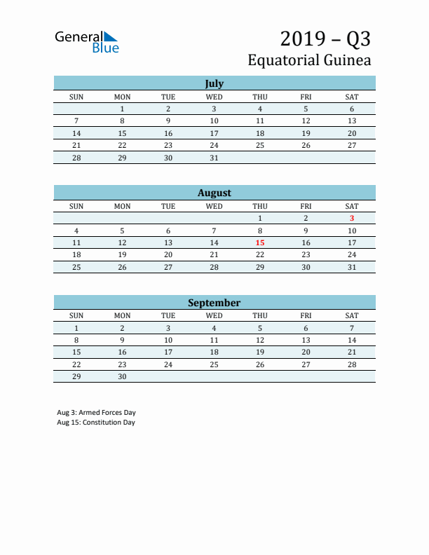 Three-Month Planner for Q3 2019 with Holidays - Equatorial Guinea