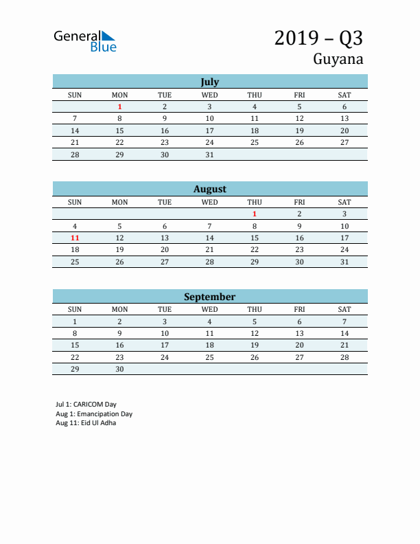 Three-Month Planner for Q3 2019 with Holidays - Guyana