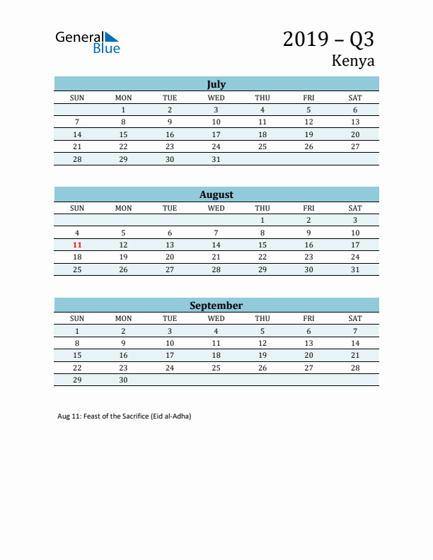 Three-Month Planner for Q3 2019 with Holidays - Kenya