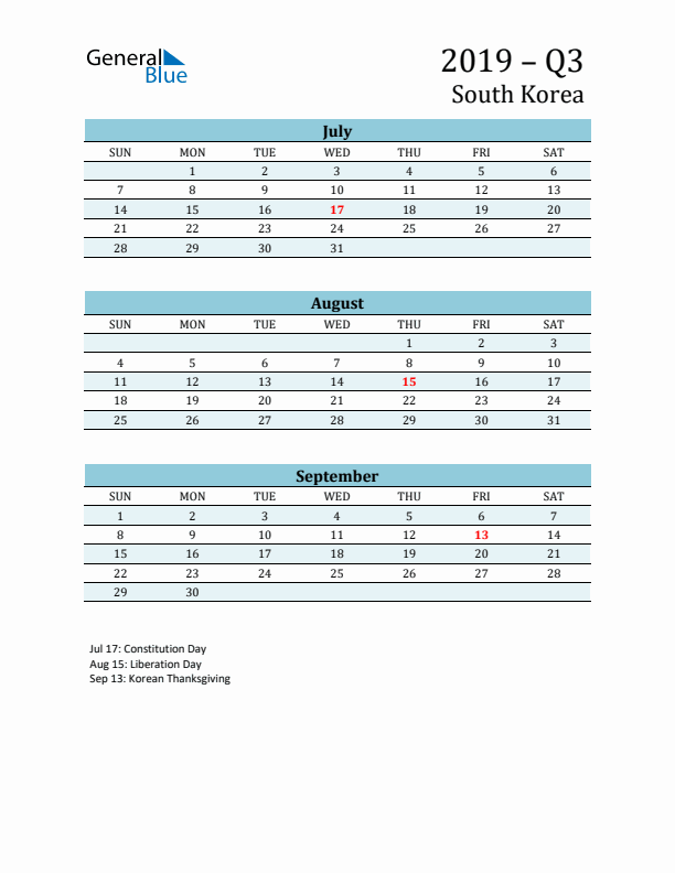 Three-Month Planner for Q3 2019 with Holidays - South Korea