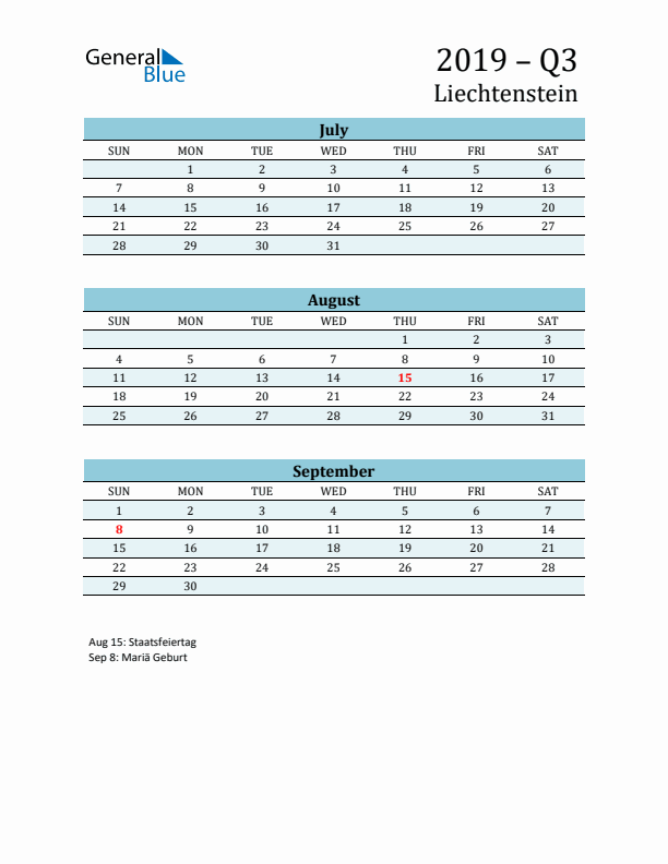 Three-Month Planner for Q3 2019 with Holidays - Liechtenstein