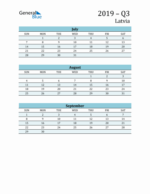 Three-Month Planner for Q3 2019 with Holidays - Latvia