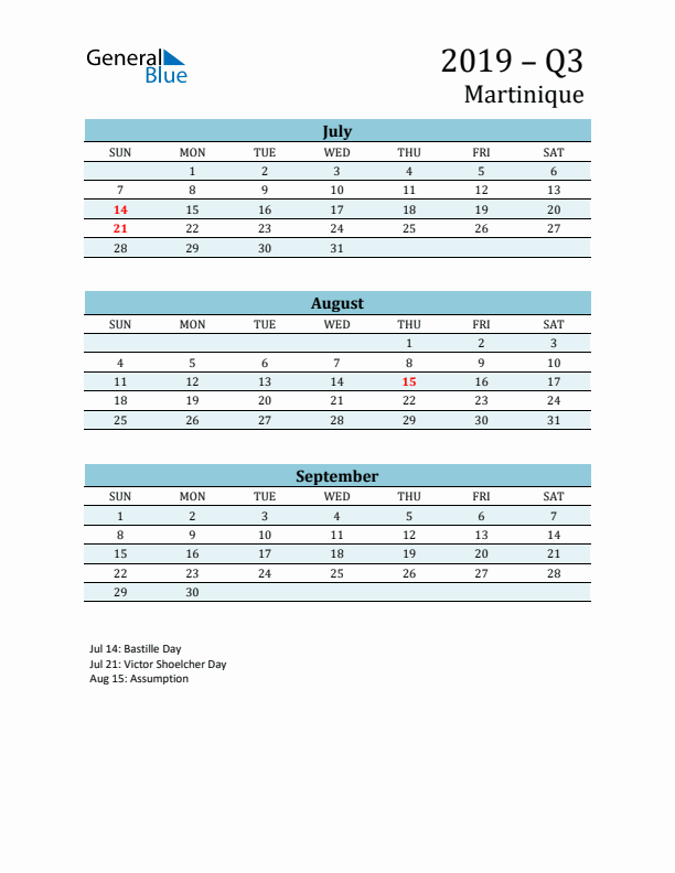 Three-Month Planner for Q3 2019 with Holidays - Martinique