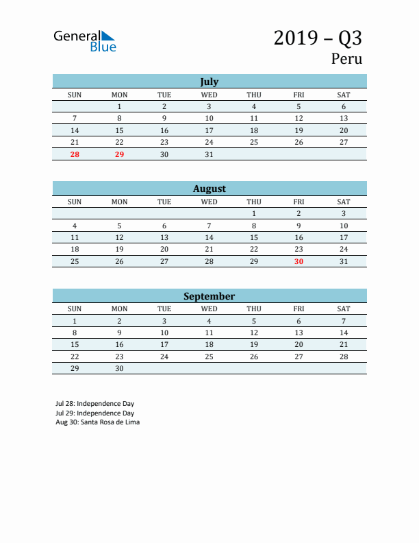 Three-Month Planner for Q3 2019 with Holidays - Peru