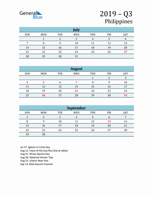 Three-Month Planner for Q3 2019 with Holidays - Philippines