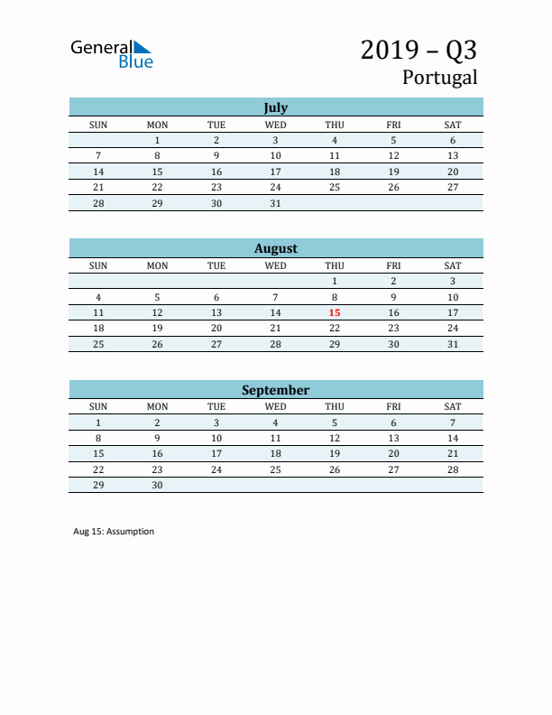 Three-Month Planner for Q3 2019 with Holidays - Portugal