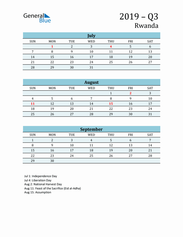 Three-Month Planner for Q3 2019 with Holidays - Rwanda