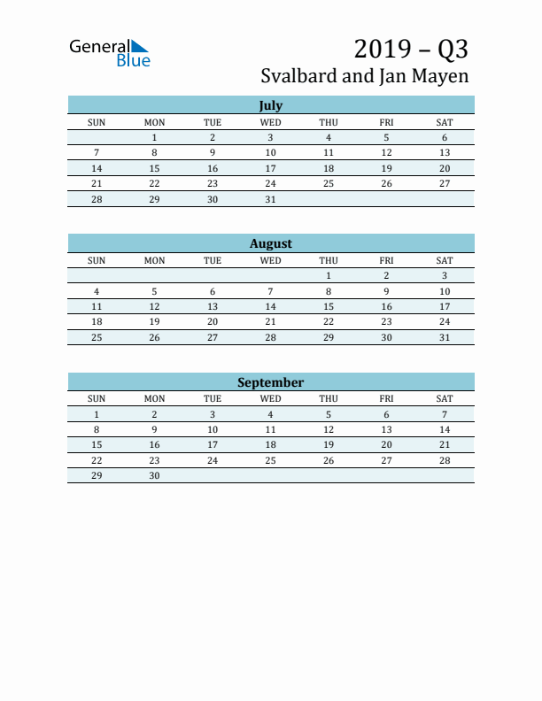 Three-Month Planner for Q3 2019 with Holidays - Svalbard and Jan Mayen