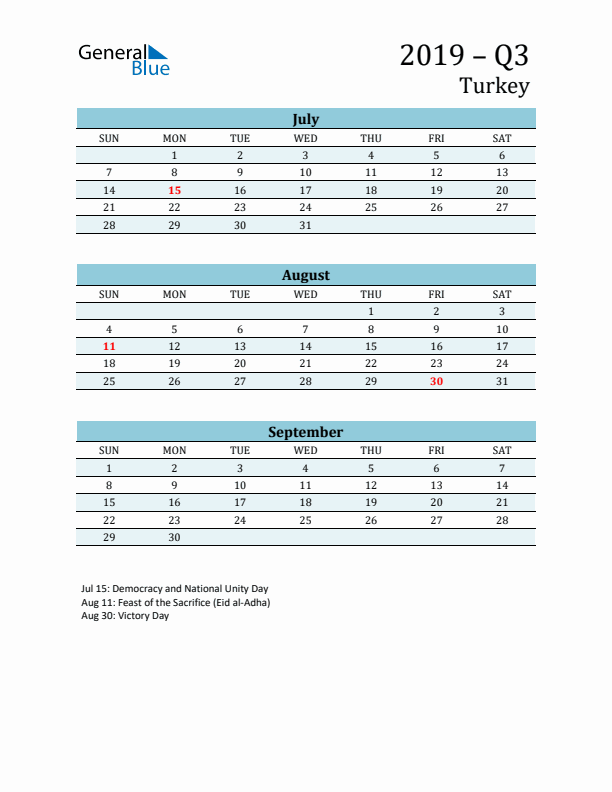 Three-Month Planner for Q3 2019 with Holidays - Turkey