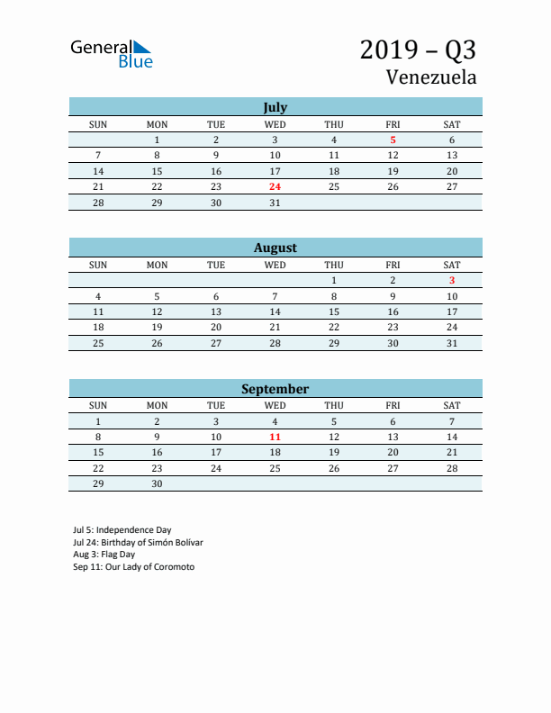 Three-Month Planner for Q3 2019 with Holidays - Venezuela