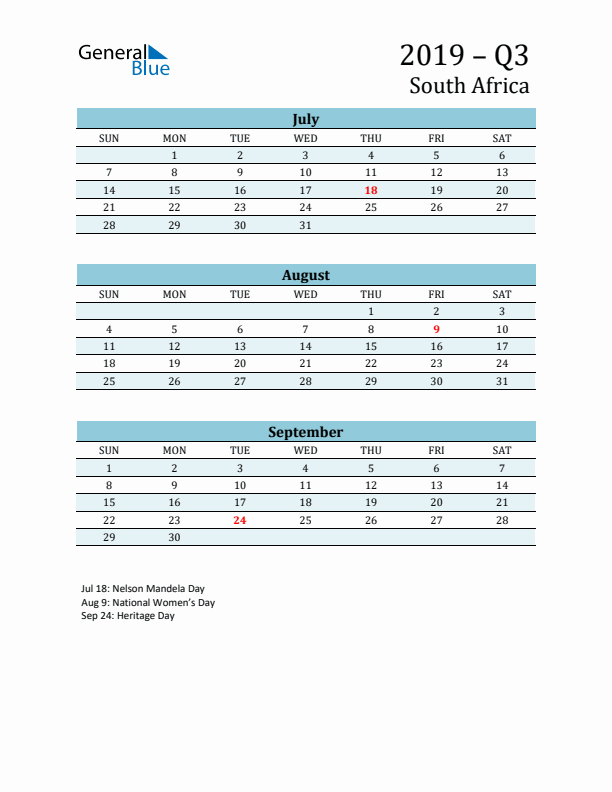 Three-Month Planner for Q3 2019 with Holidays - South Africa