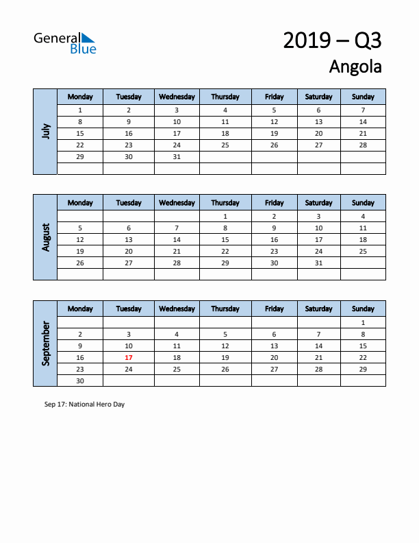 Free Q3 2019 Calendar for Angola - Monday Start