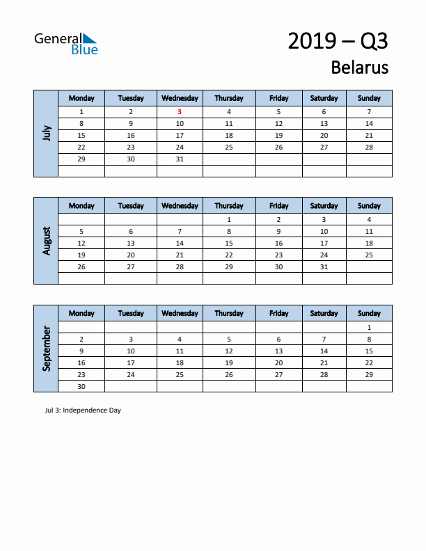 Free Q3 2019 Calendar for Belarus - Monday Start