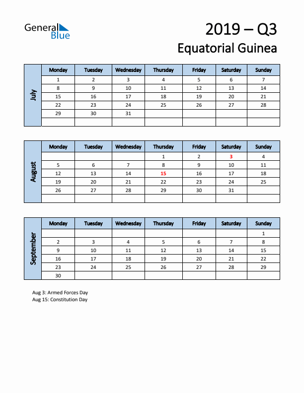 Free Q3 2019 Calendar for Equatorial Guinea - Monday Start