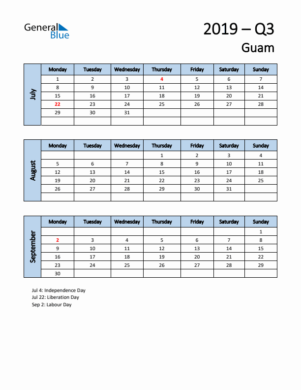 Free Q3 2019 Calendar for Guam - Monday Start