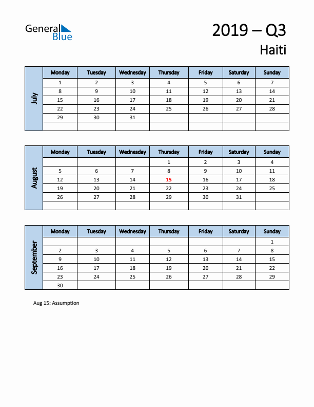 Free Q3 2019 Calendar for Haiti - Monday Start