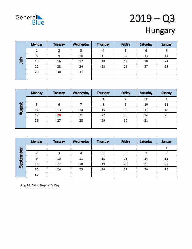 Free Q3 2019 Calendar for Hungary - Monday Start