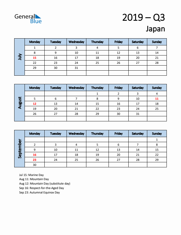 Free Q3 2019 Calendar for Japan - Monday Start