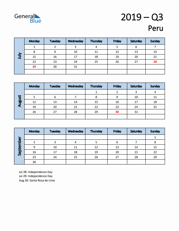 Free Q3 2019 Calendar for Peru - Monday Start