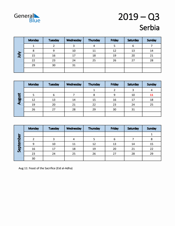 Free Q3 2019 Calendar for Serbia - Monday Start