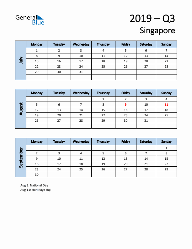 Free Q3 2019 Calendar for Singapore - Monday Start