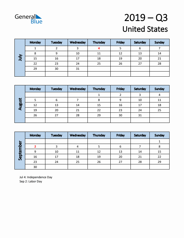 Free Q3 2019 Calendar for United States - Monday Start