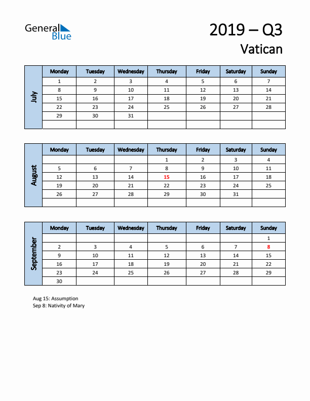 Free Q3 2019 Calendar for Vatican - Monday Start