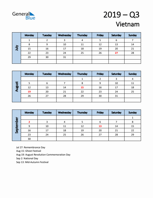 Free Q3 2019 Calendar for Vietnam - Monday Start