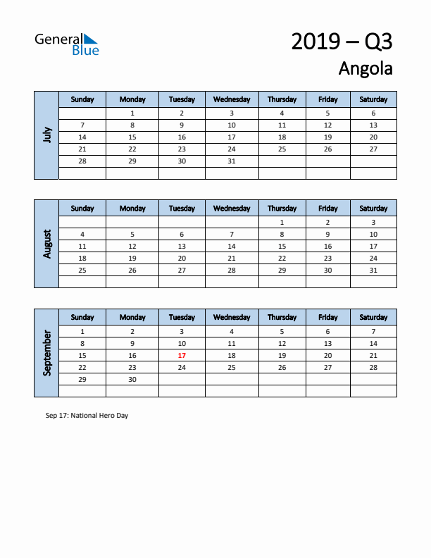 Free Q3 2019 Calendar for Angola - Sunday Start