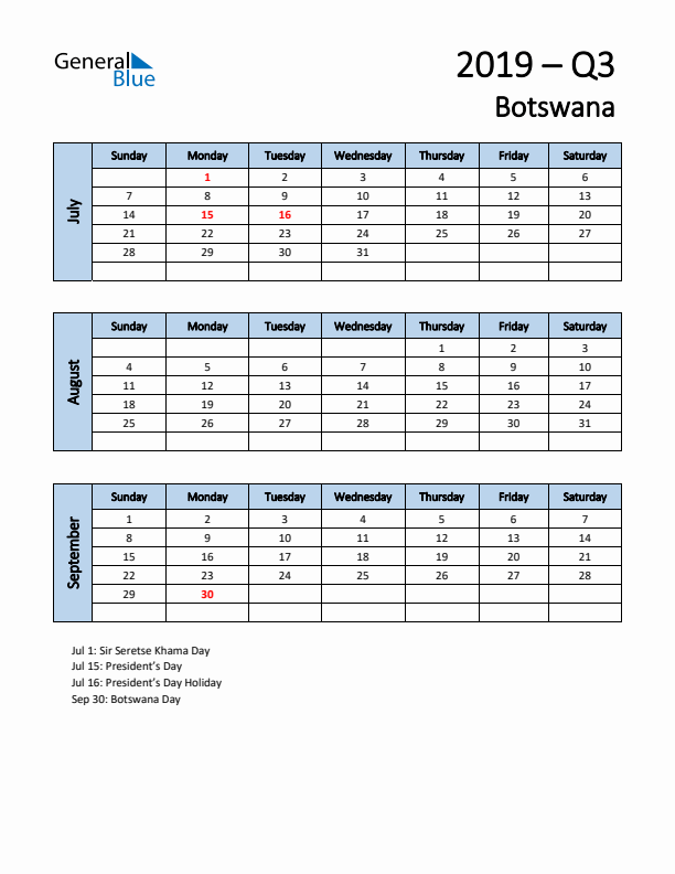 Free Q3 2019 Calendar for Botswana - Sunday Start