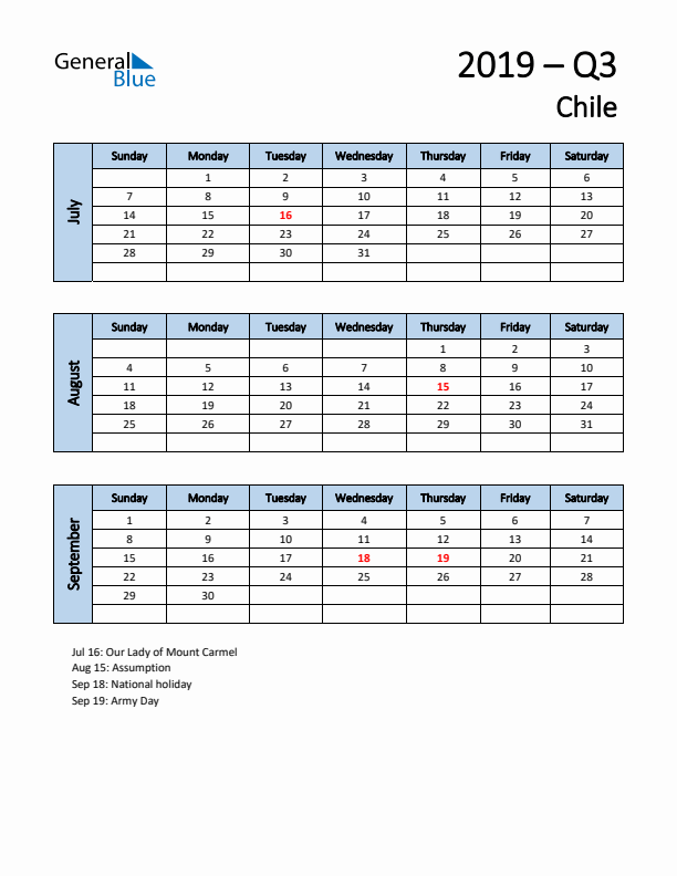 Free Q3 2019 Calendar for Chile - Sunday Start