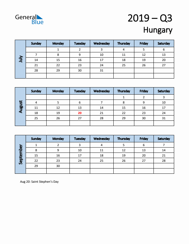 Free Q3 2019 Calendar for Hungary - Sunday Start